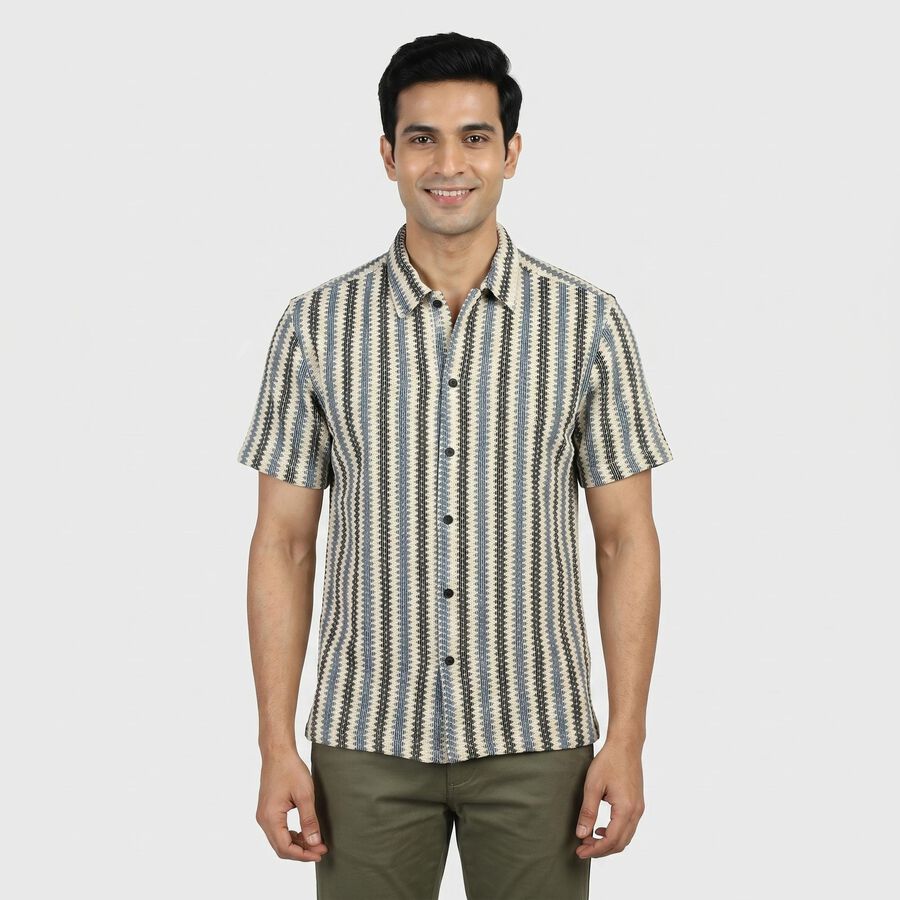Men's Cream Geometric Regular Fit Casual Shirt, Off White, large