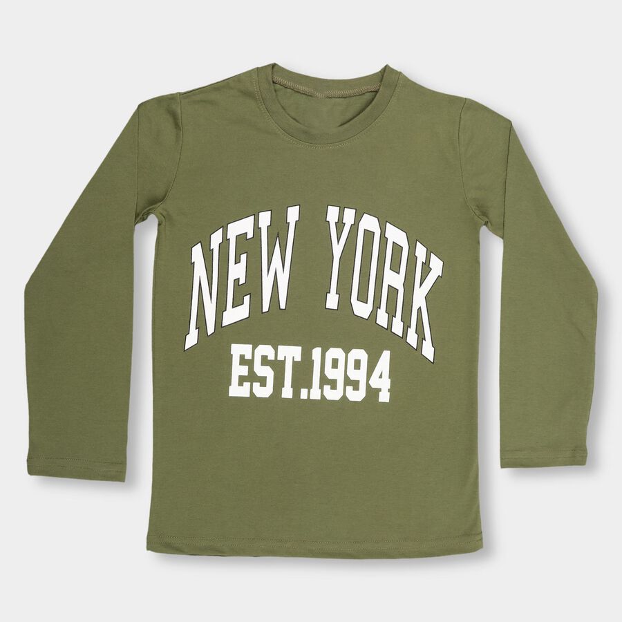 Boys' Muted Olive Green Round Neck Casual T-Shirt, ओलिव, large image number null