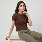 Women's Brown Cotton Blend Round Neck Regular Top, भूरा, small