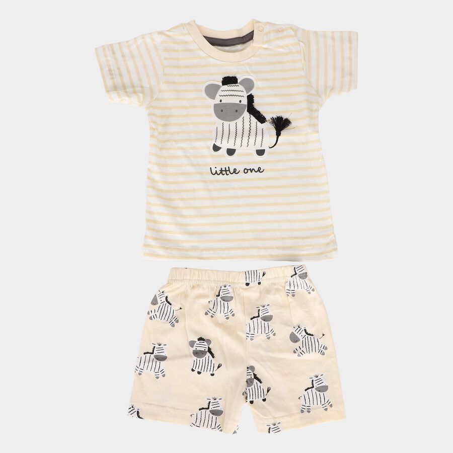 Infants' Beige 100% Cotton Round Neck Zebra Printed Baba Suit, Beige, large