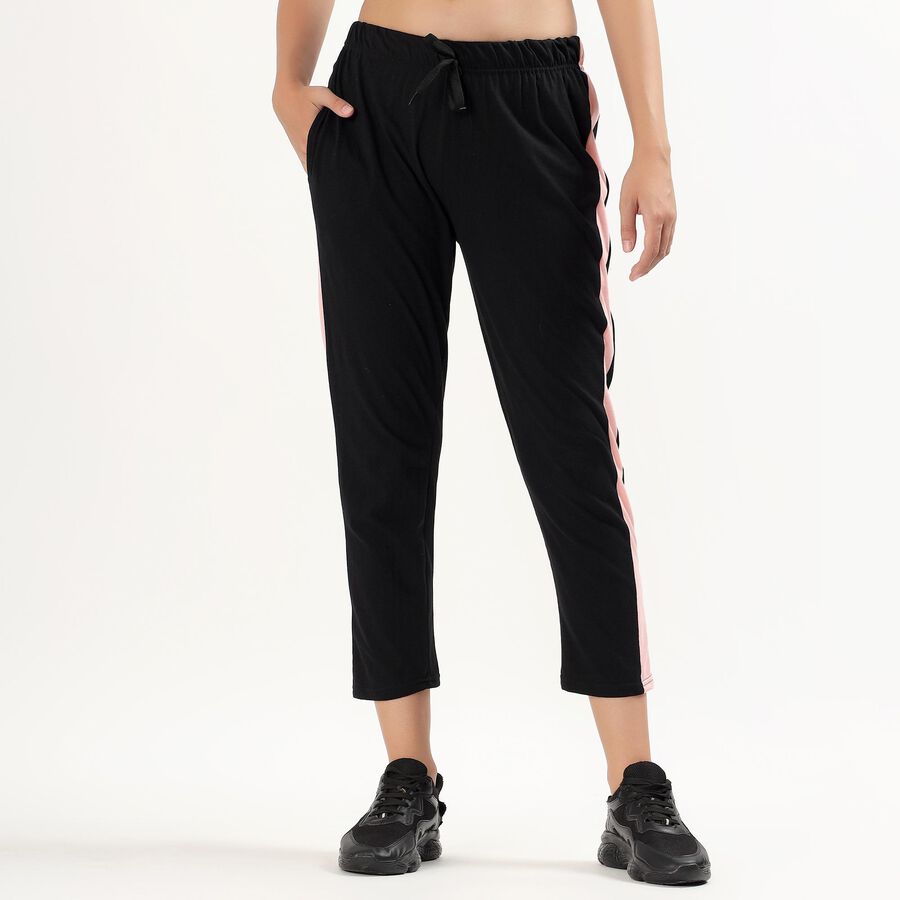 Women's Jet Black Regular Fit Side-Striped Track Pants, Black, large image number null