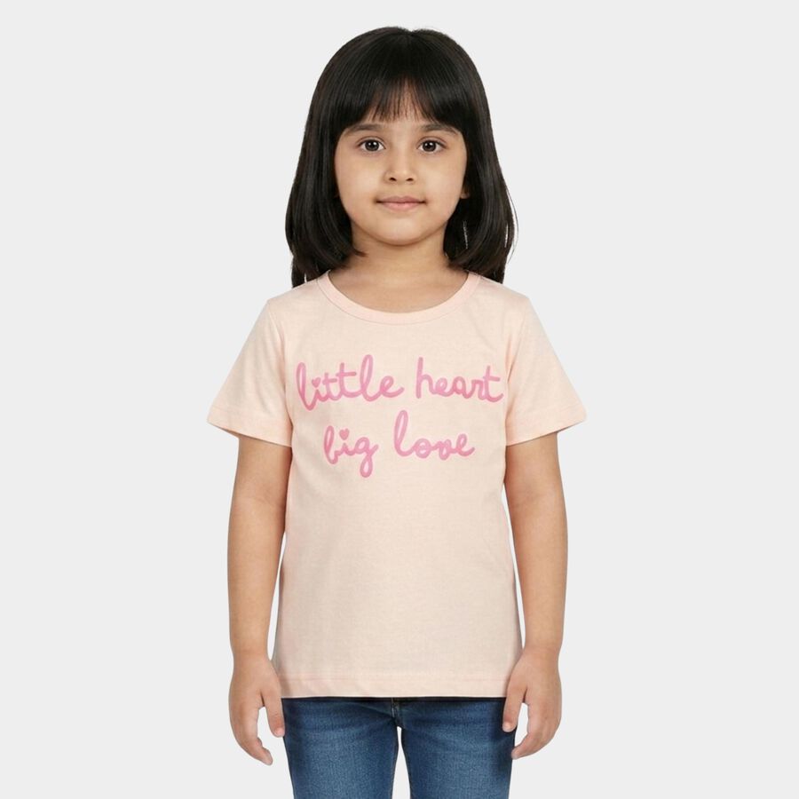 Girls Light Pink Round Neck Regular T-Shirt, Light Pink, large