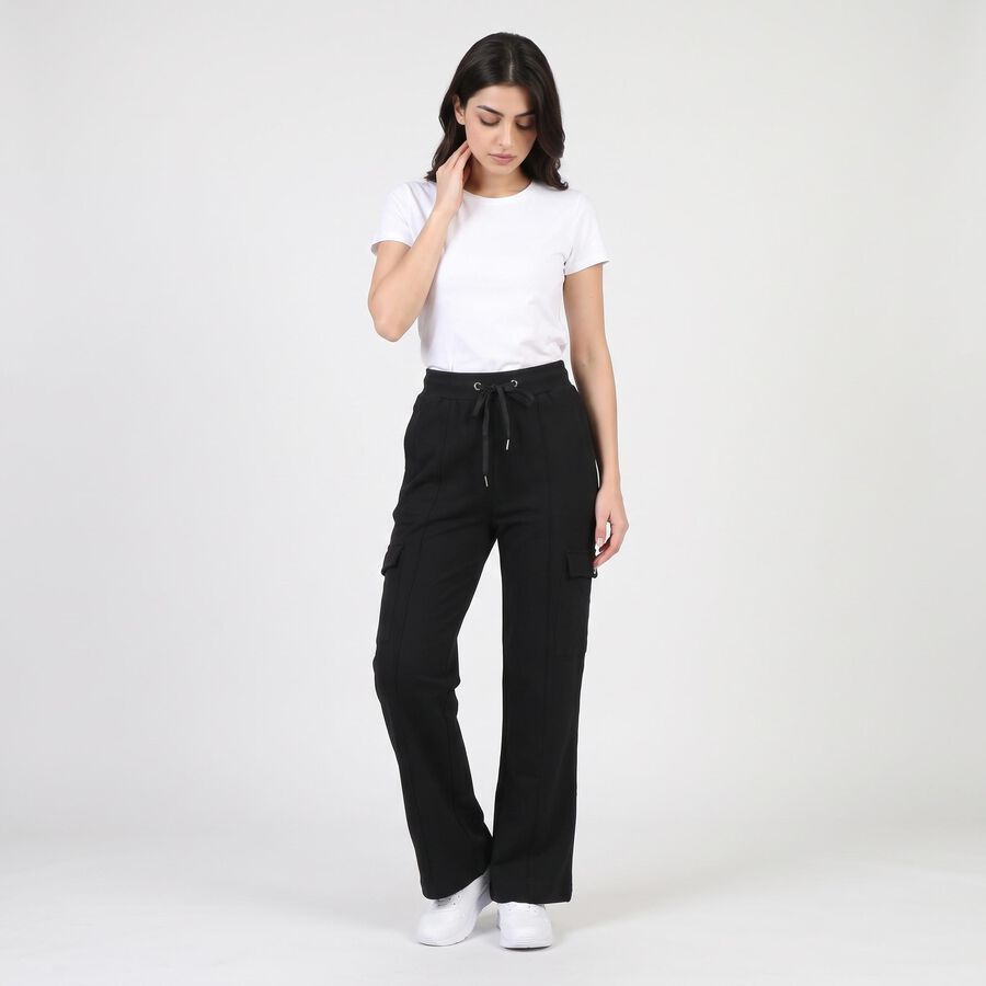 Women's Black Relaxed Fit Cargo Track Pants, Black, large