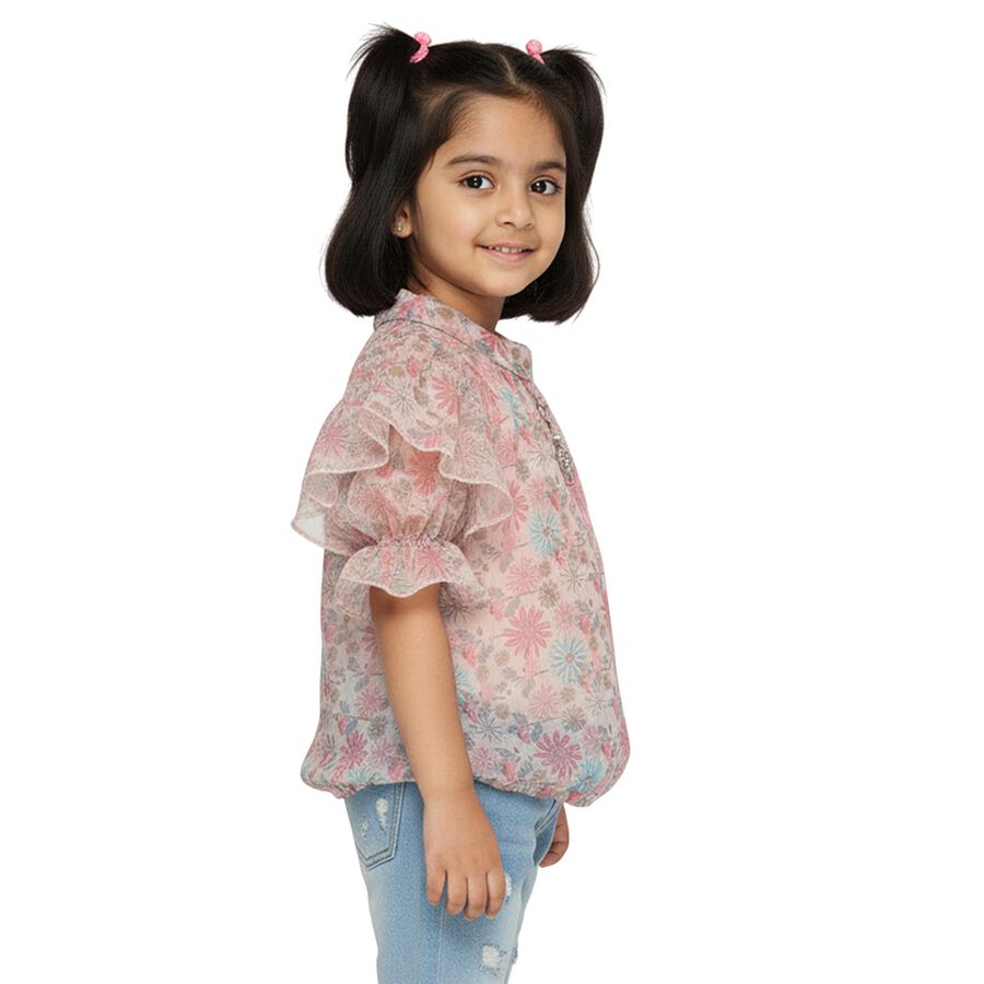 Girls' Light Beige Round Neck Romantic Floral Printed T-Shirt, गहरा पीला, large