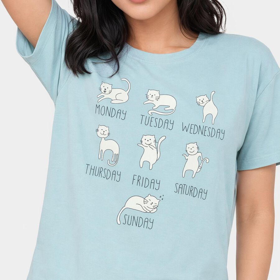 Women Light Blue Cotton Round Neck Regular T-Shirt, नीला, large