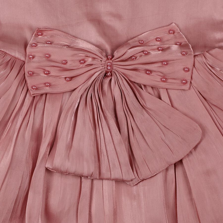 Girls' Pink Bow Embellished Pleated Party Wear Frock, हल्का गुलाबी, large