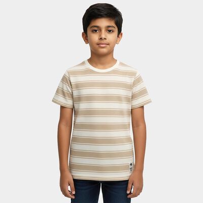 Boys' Beige Cotton Blend Crew Neck Casual T-Shirt