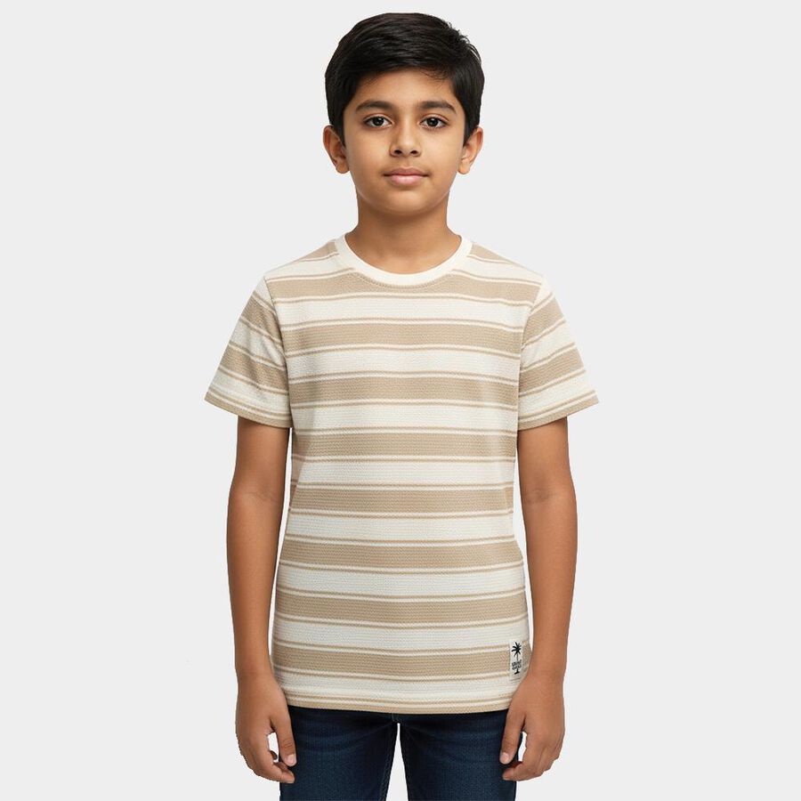 Boys' Beige Cotton Blend Crew Neck Casual T-Shirt, Beige, large