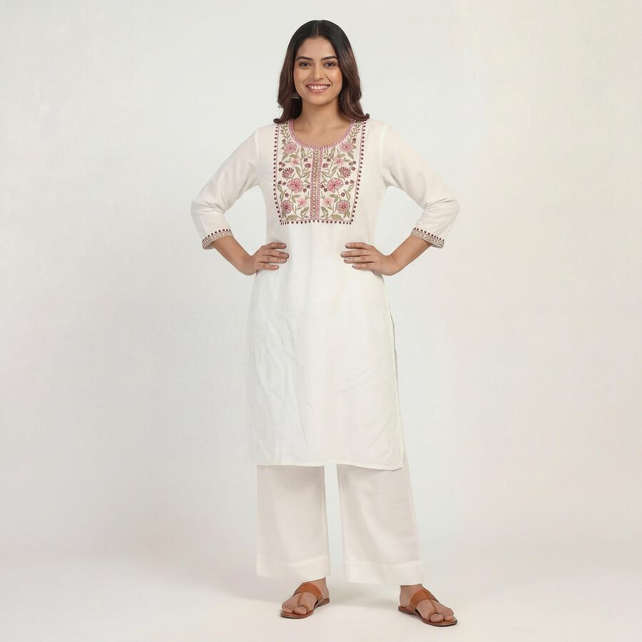 Women's Off White Notch Neck Floral Printed Kurta, Off White, large