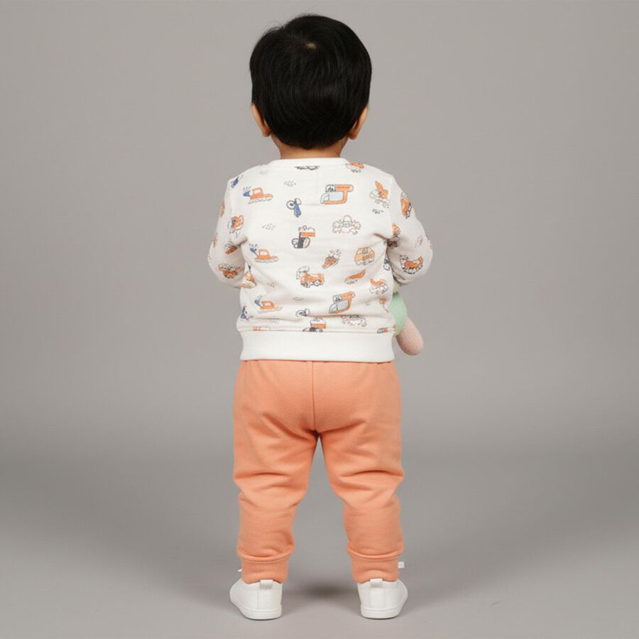 Infants White and Peach Printed Baba Suit, Off White, large image number null