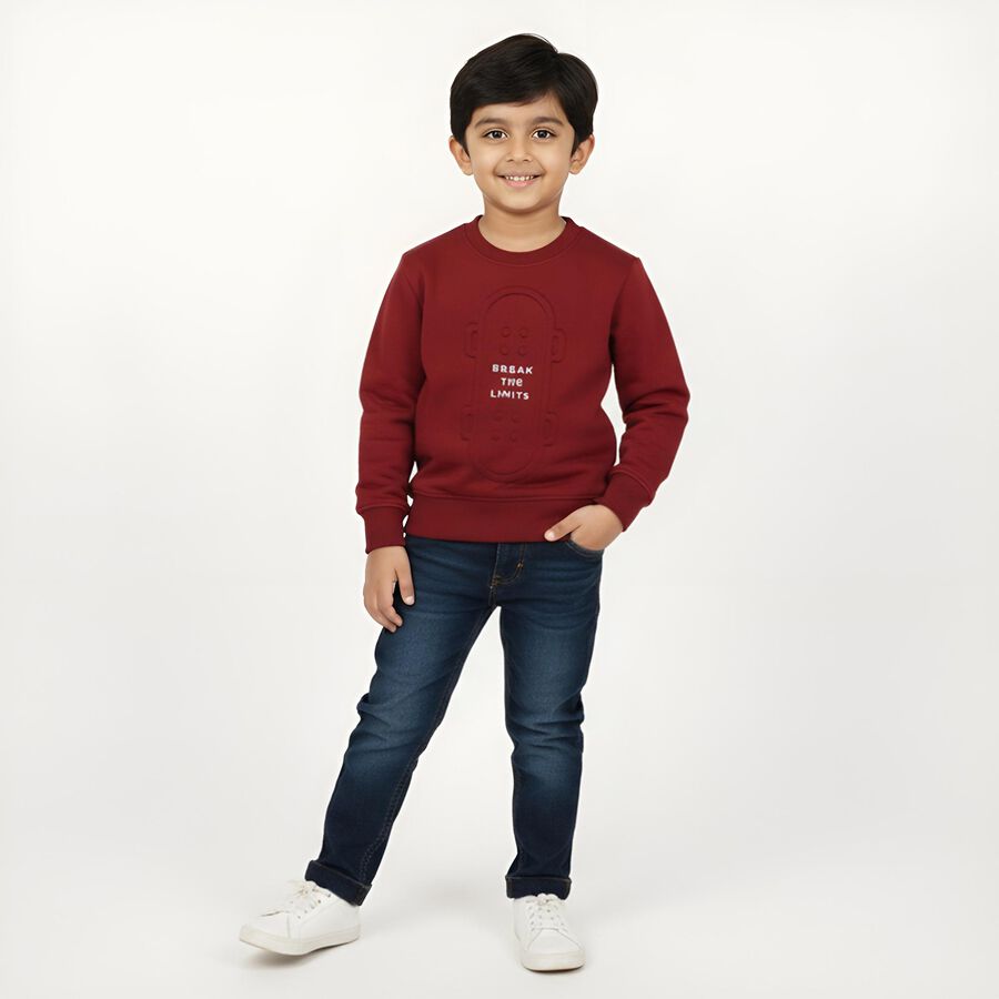 Boys Rich Maroon Crew Neck Casual Sweatshirt, Maroon, large image number null