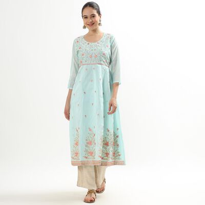 Ladies' Light Aqua Blue Round Neck Embroidered Flared Kurta