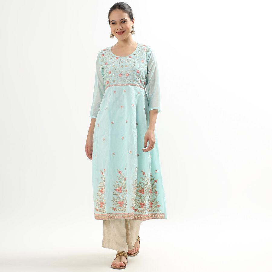 Ladies' Light Aqua Blue Round Neck Embroidered Flared Kurta, Aqua, large image number null