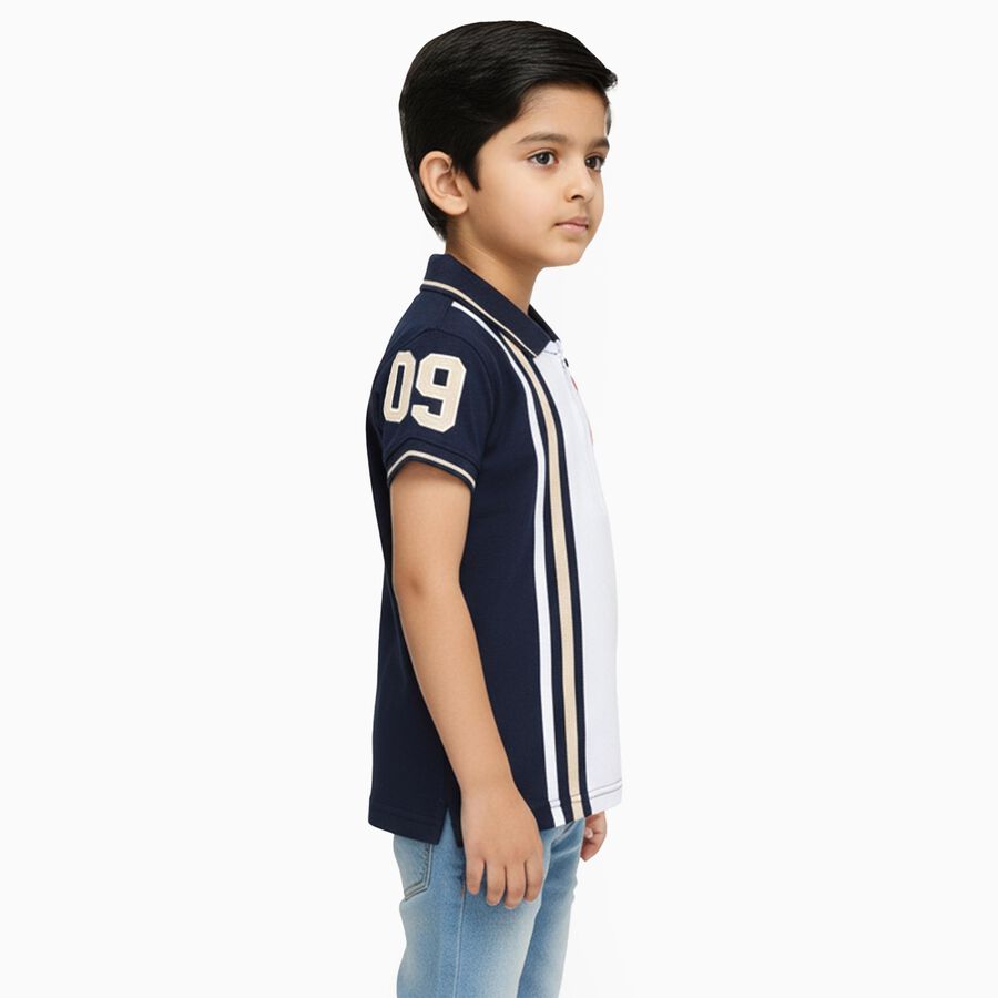 Boys Navy Blue and Beige Cotton Polo Neck Casual T-Shirt, Beige, large