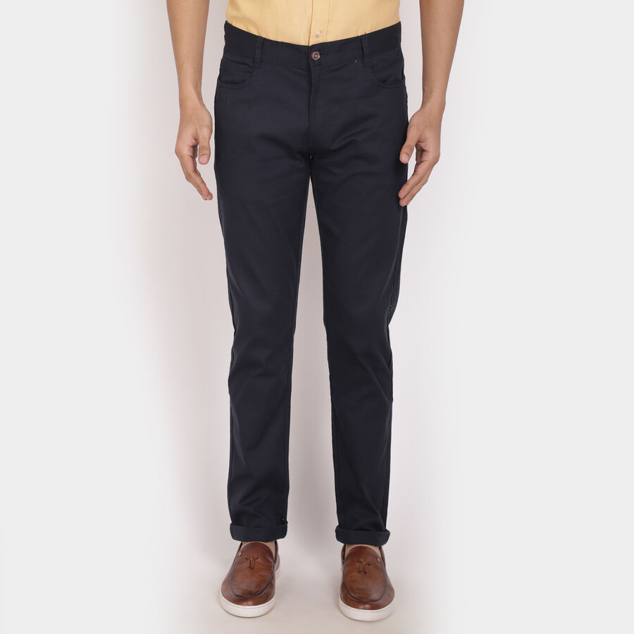 Solid Slim Fit Casual Trousers, Navy Blue, large image number null