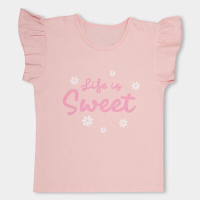 Girls' Light Pink Cotton Crew Neck Ruffled T-Shirt