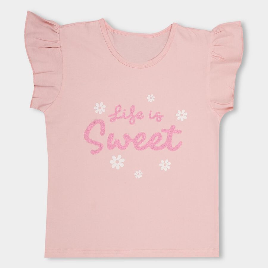 Girls' Light Pink Cotton Crew Neck Ruffled T-Shirt, Light Pink, large image number null