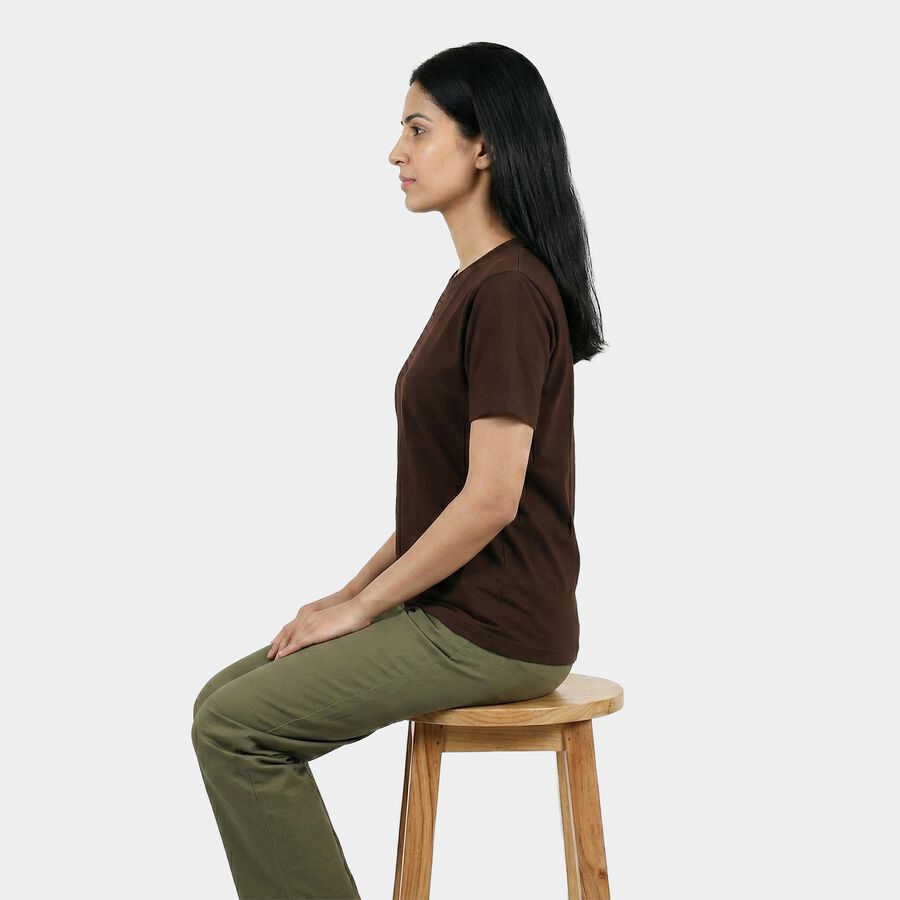 Women's Brown Cotton Round Neck Casual T-Shirt, Brown, large