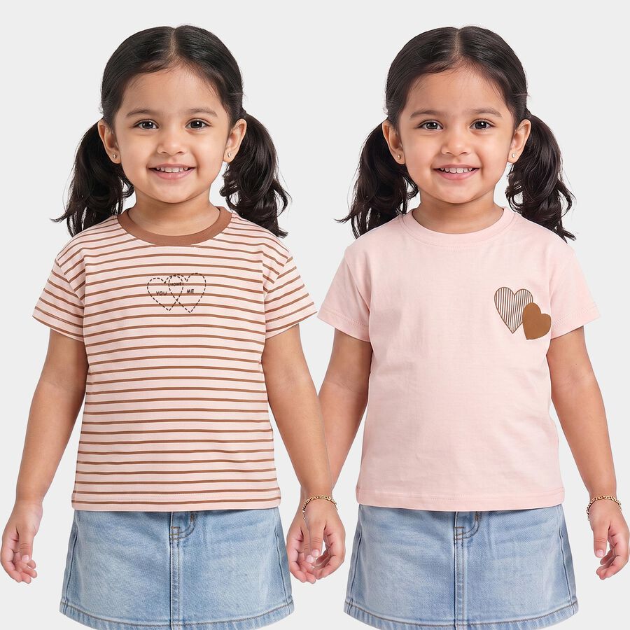 Girls Pink Cotton Round Neck Regular T-Shirt, गुलाबी, large