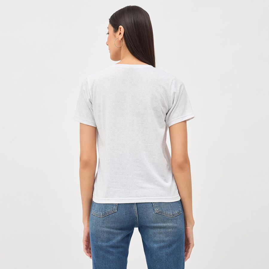 Women's White Round Neck Graphic Print T-Shirt, Ecru Melange, large image number null