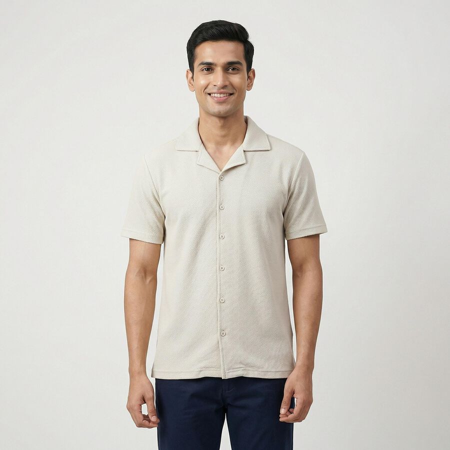 Men's Beige Classic Collar Casual Shirt, Beige, large