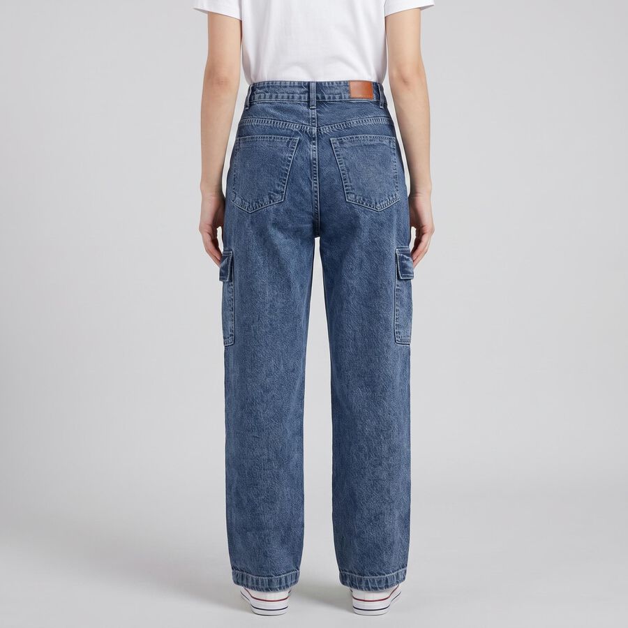 Women's Blue Relaxed Fit Cargo Jeans, Mid Blue, large