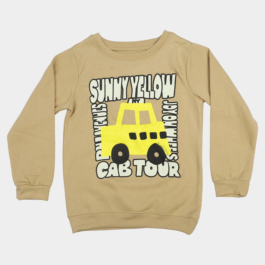 Boys' Beige Crew Neck Graphic Print Sweatshirt, गहरा पीला, large