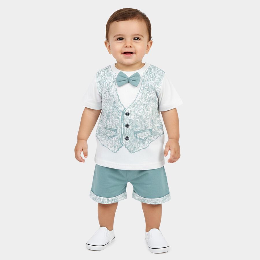 Infants' Teal 100% Cotton Round Neck Printed Baba Suit, टील ब्लू, large