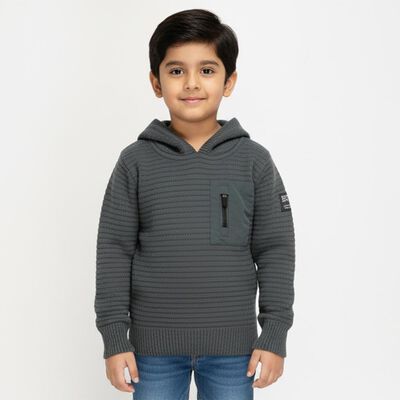 Boys Dark Grey Hooded Knit Pullover