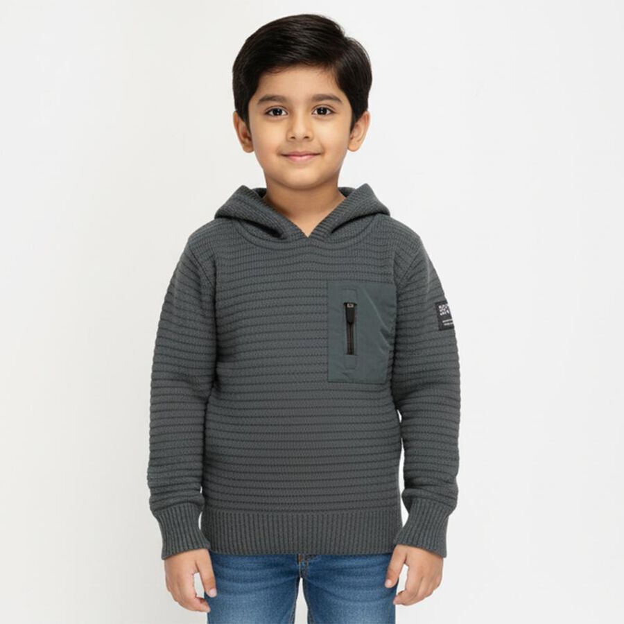 Boys Dark Grey Hooded Knit Pullover, हल्का हरा, large image number null