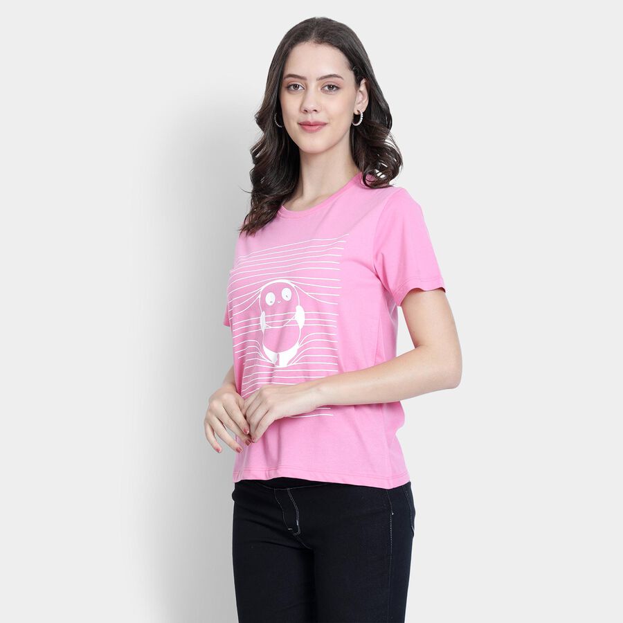 Ladies'  Stripes Round Neck T-Shirt, Light Pink, large image number null