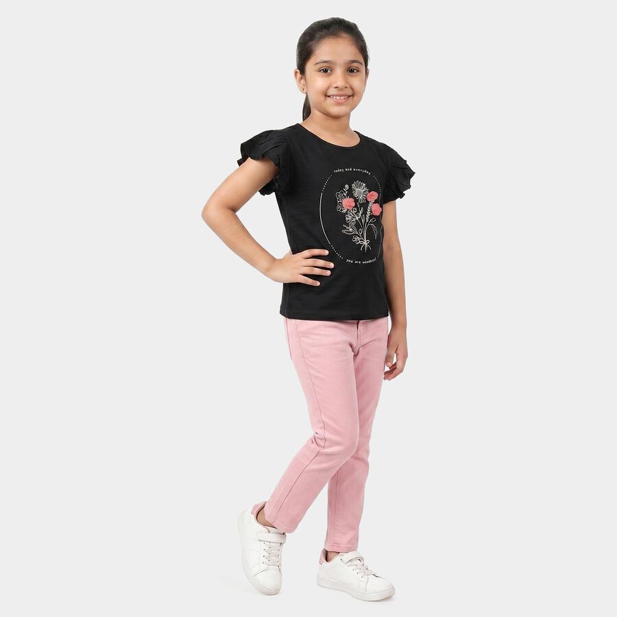 Girls Black Cotton Round Neck Regular T-Shirt, Black, large