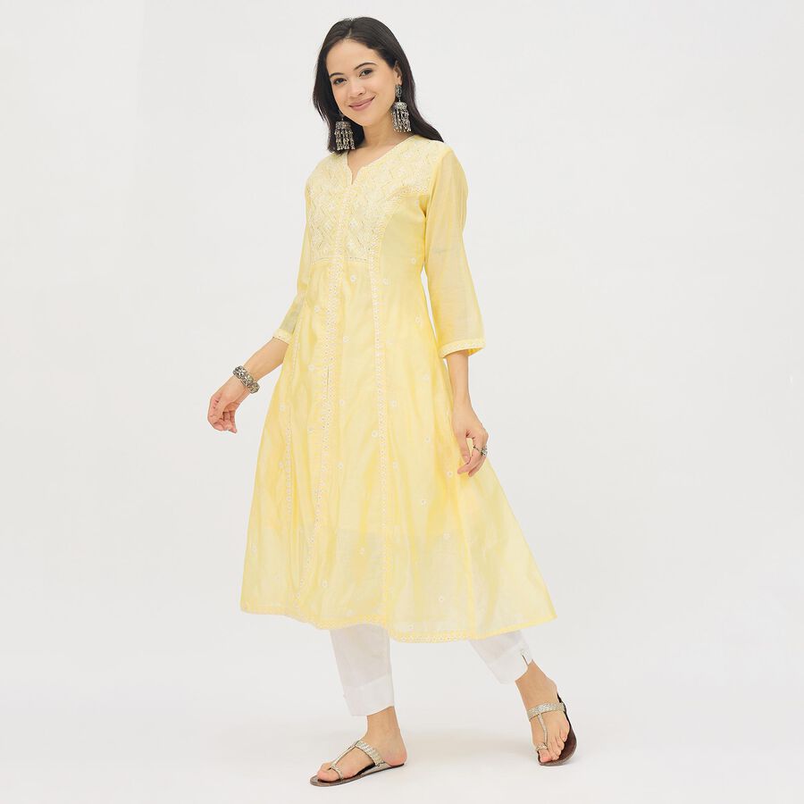 Women's Bright Lemon Yellow V-Neck Embroidered Flared Kurta, Yellow, large image number null