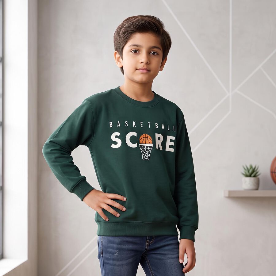 Boys' Green Crew Neck Graphic Print Sweatshirt, Dark Green, large