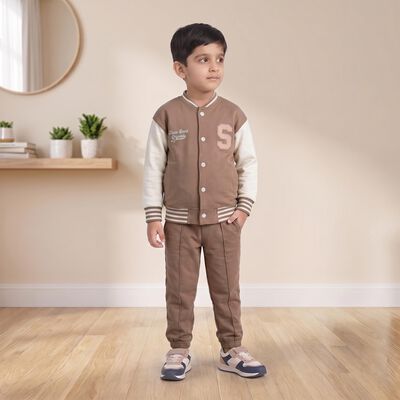 Boys' Beige Round Neck Applique Baba Suit