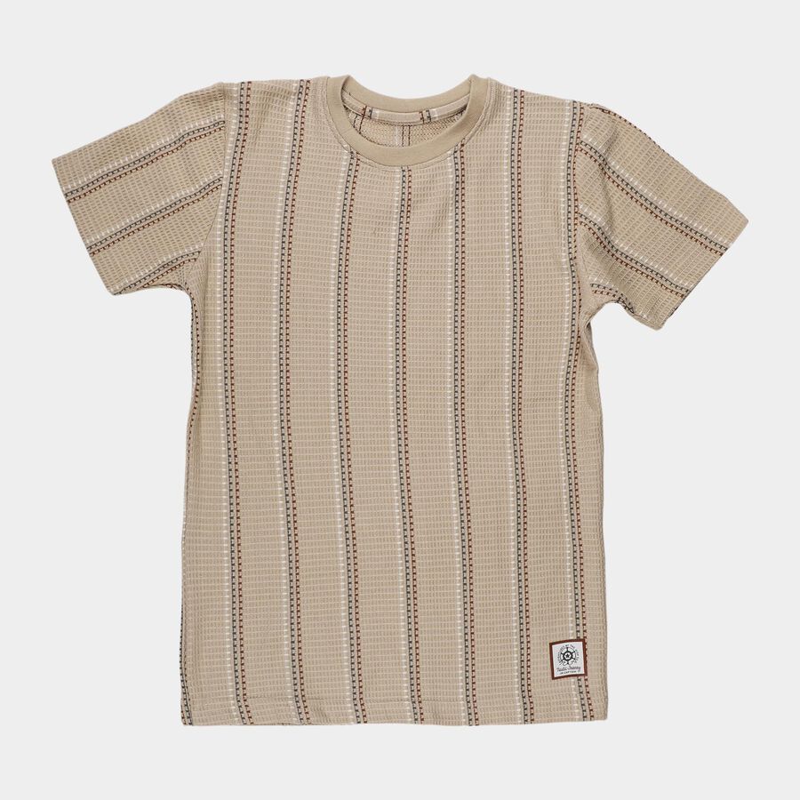 Boys Beige Round Neck Casual Half Sleeve T-Shirt, Beige, large