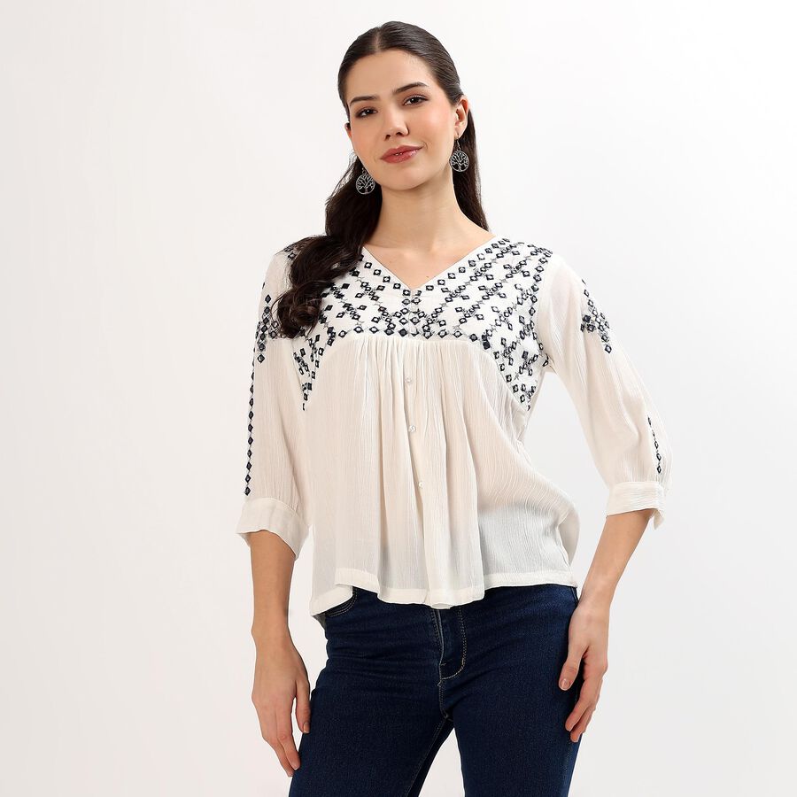 Women's White V-Neck Embroidered Kurti, White, large image number null