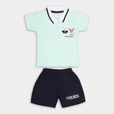 Infants' Light Green Cotton Polo Neck Embroidered Baba Suit