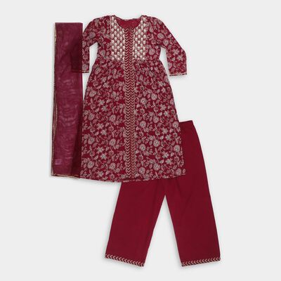 Girls' Deep Maroon Cotton Embroidered Kurta and Trouser Fusion Set with Dupatta