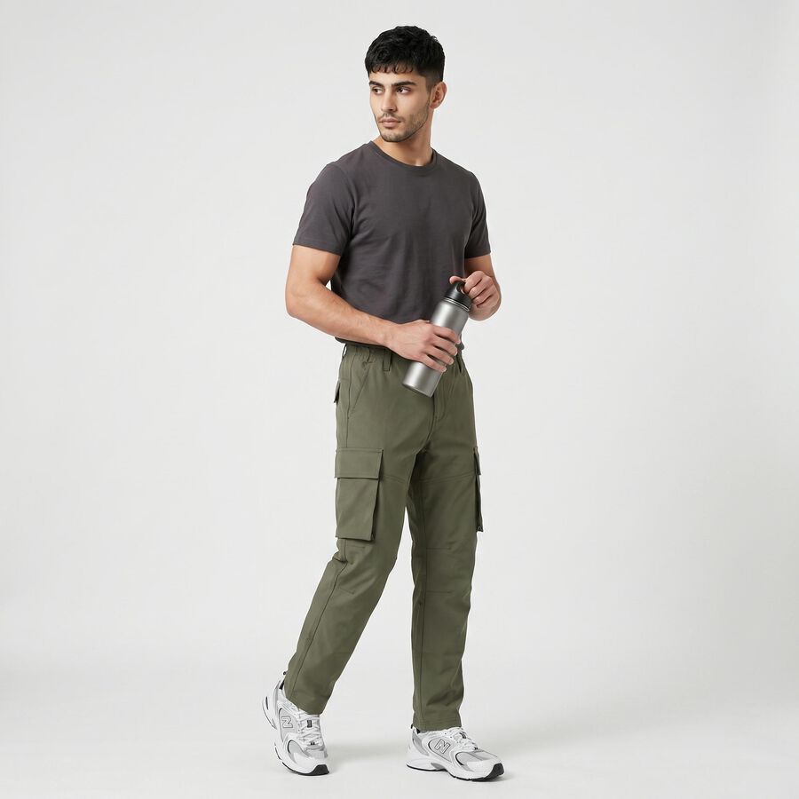 Men's Olive Green Slim Fit Cargo Trousers, ओलिव, large