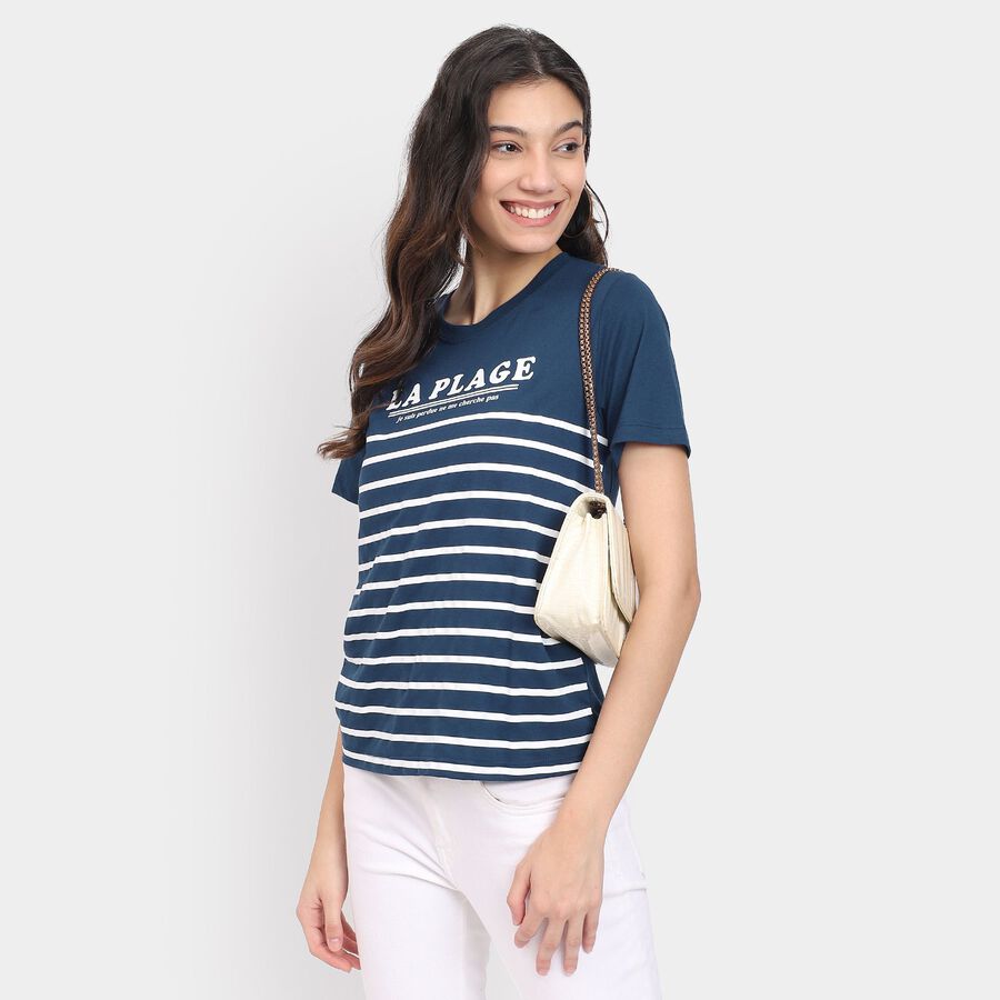 Ladies'  Stripes Round Neck T-Shirt, नेवी ब्लू, large image number null