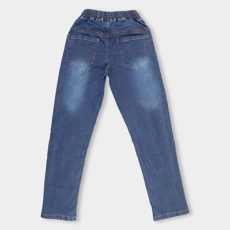 Boys Stonewashed Blue Regular Fit Elastic Waist Jeans, Dark Blue, large image number null