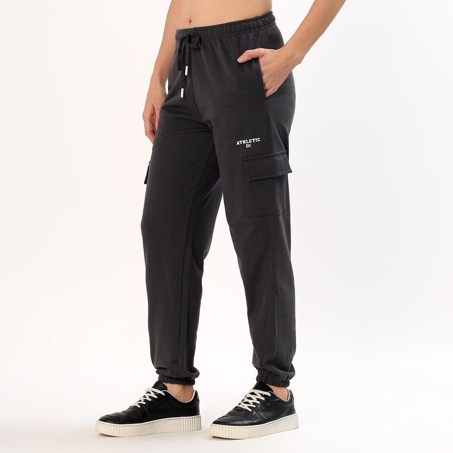 Women's Charcoal Black Cargo Fit Cuffed Track Pants, Dark Grey, large image number null