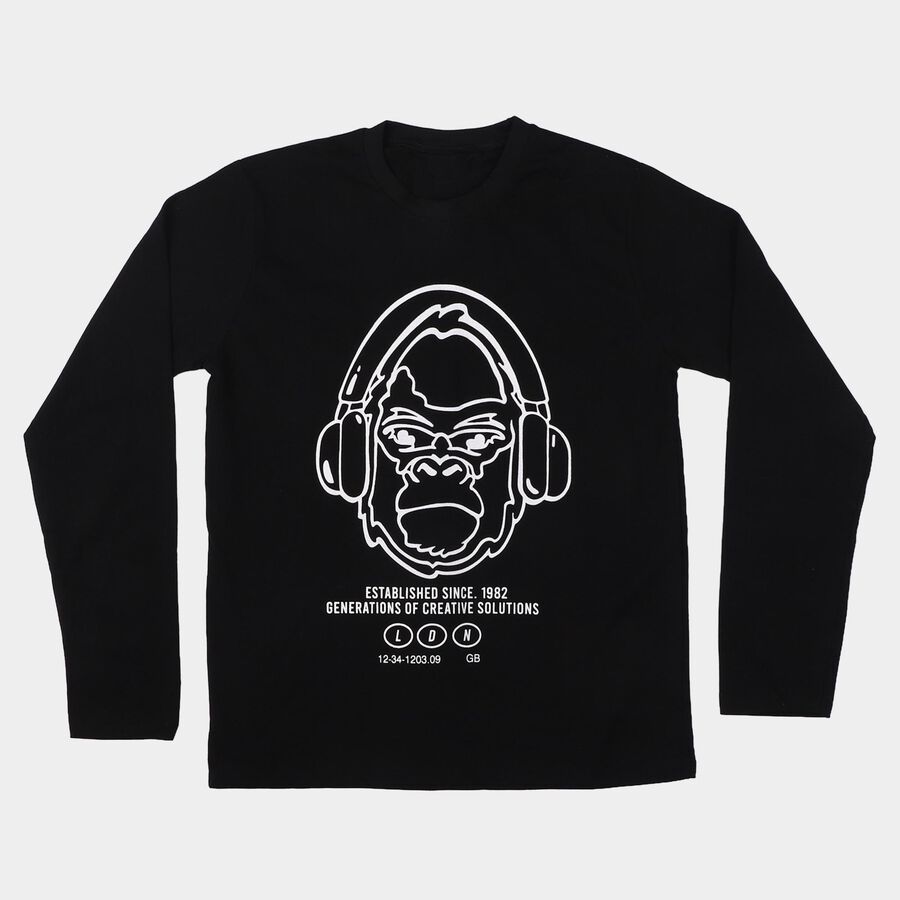 Boys Black Crew Neck Regular Graphic Print T-Shirt, काला, large