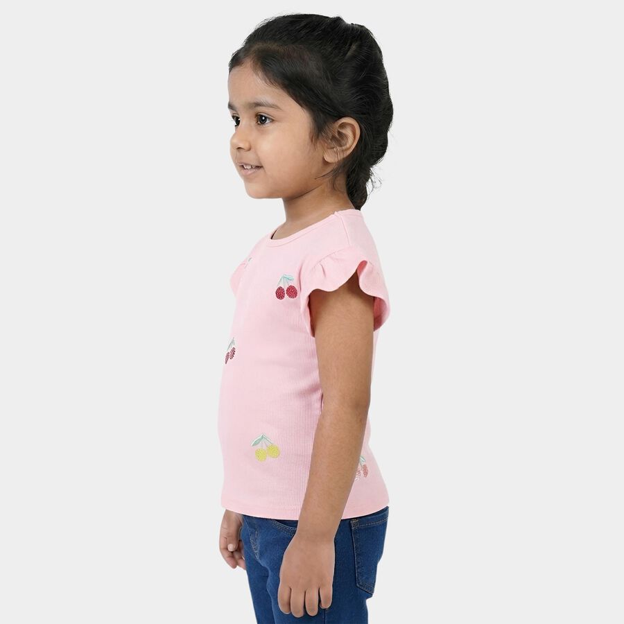 Girls' Pink Cotton Round Neck Casual T-Shirt, Light Pink, large