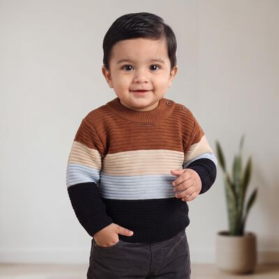 Infants' Brown Crew Neck Striped Pullover