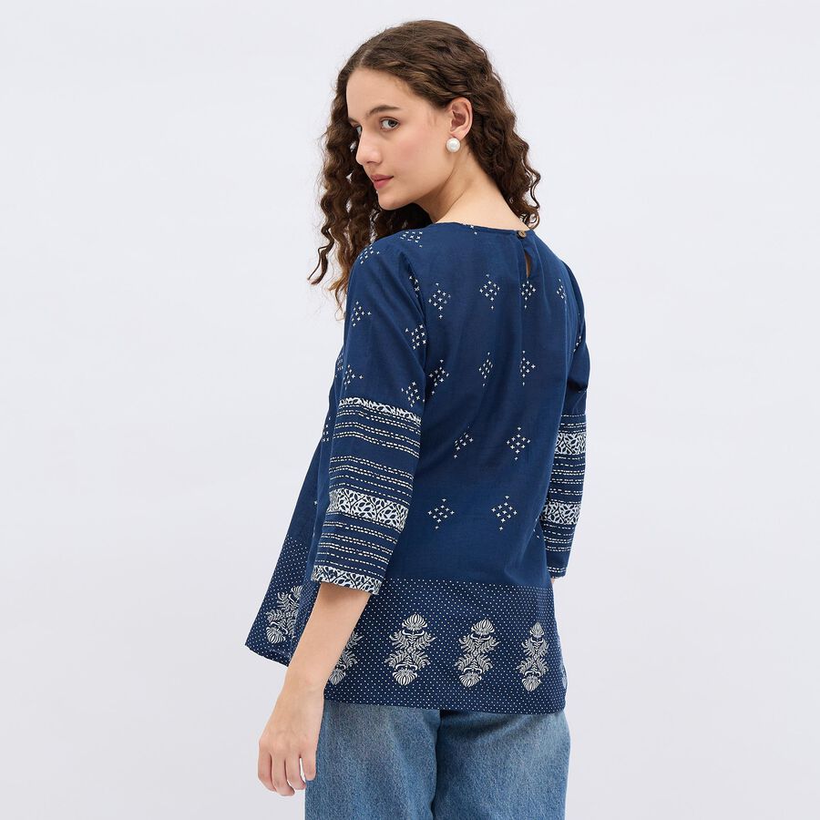 Women's Dark Blue Cotton Round Neck Printed Kurti, Dark Blue, large image number null