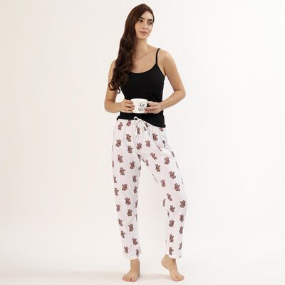 Women's White Teddy Print Elastic Waist Pyjama