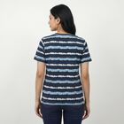 Women's Navy Blue Round Neck Striped Regular T-Shirt, नेवी ब्लू, small