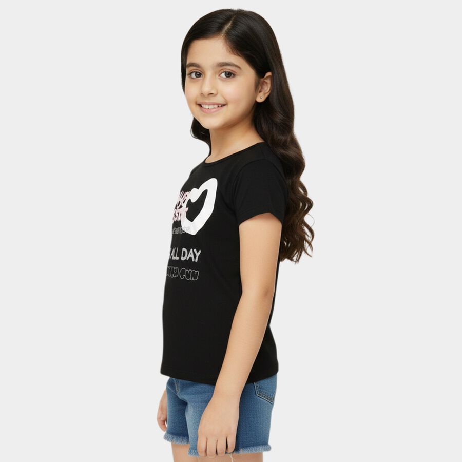 Girls Black Cotton Round Neck Casual T-Shirt, Black, large